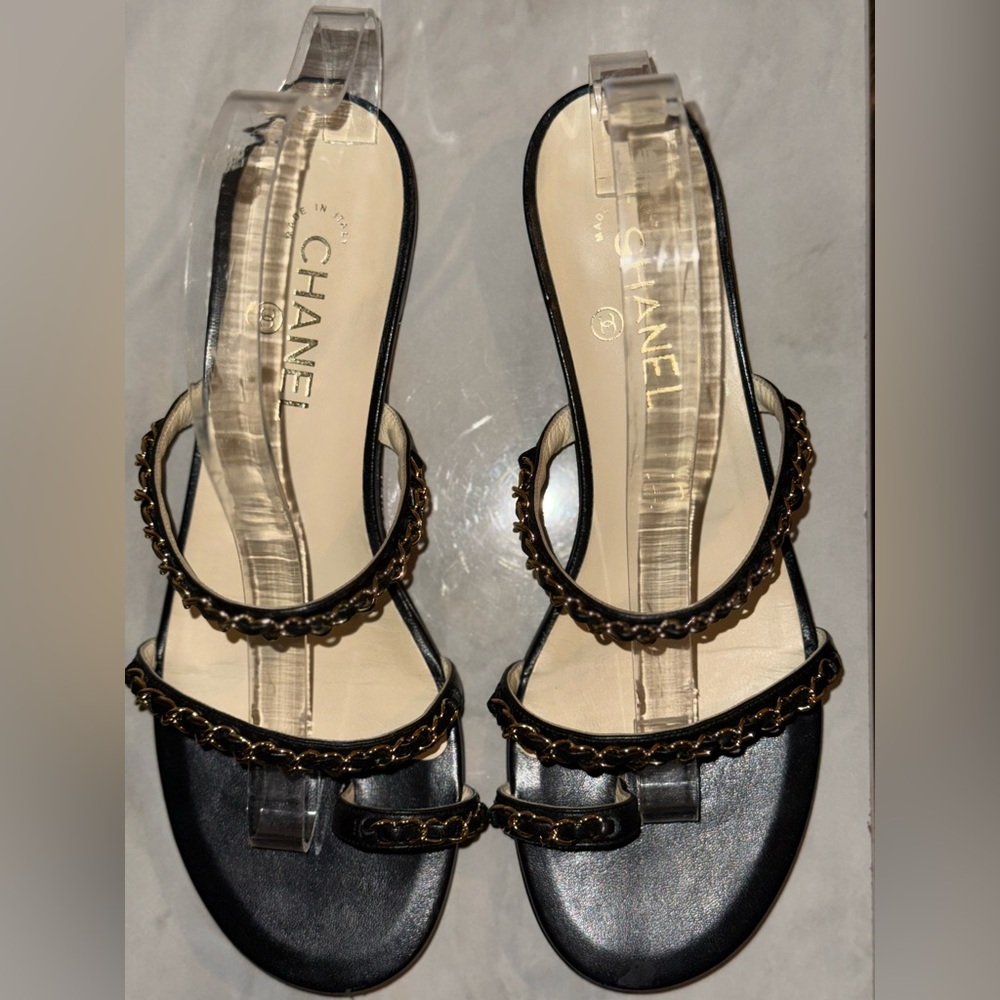 CHANEL Black Sandals with Gold Accents